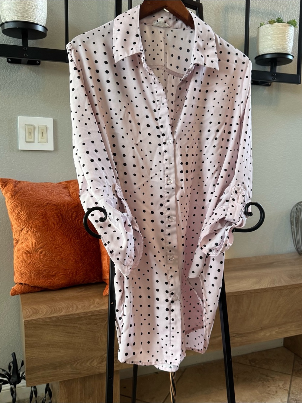 Polka Dot Button-Down Blouse in Light Pink